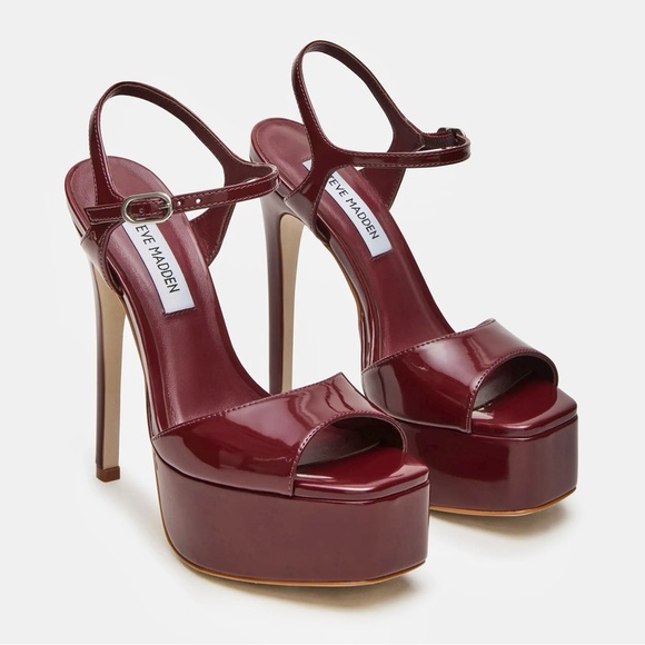 Steve Madden Cologne Wine Patent Stiletto Sandal Peep Toe Bordeaux Red Burgundy - Picture 1 of 8